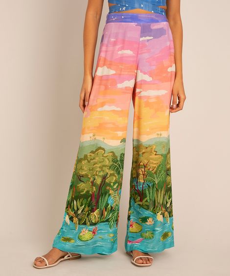 calça pantalona de viscose estampada paisagem cintura super alta  multicor