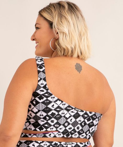 biquíni plus size top um ombro só estampado monograma cut out com bojo removível proteção uv50+ além dos mares rio de janeiro ludmilla preto