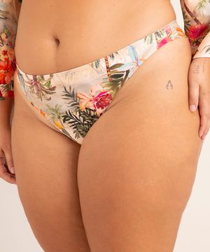 biquíni plus size calcinha tanga estampado flor de jambo proteção uv50+ além dos mares salvador preta gil bege