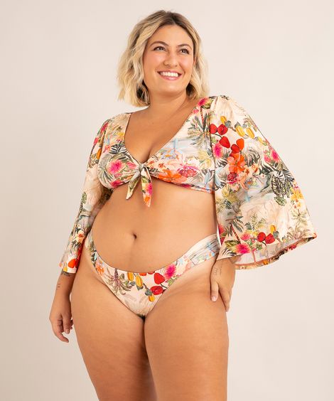 biquíni calcinha plus size com franzido estampado flor de jambo proteção uv50+ além dos mares salvador preta gil  bege