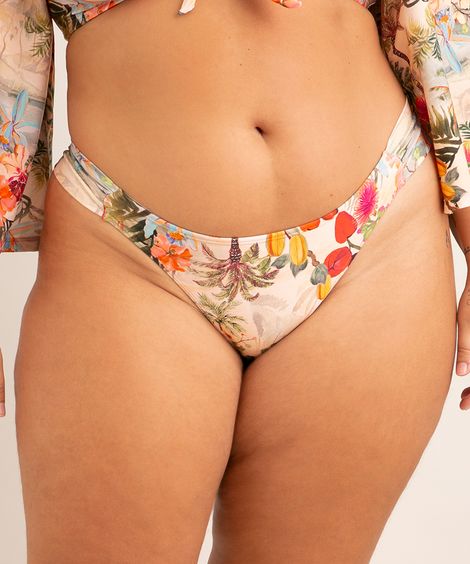 biquíni calcinha plus size com franzido estampado flor de jambo proteção uv50+ além dos mares salvador preta gil  bege