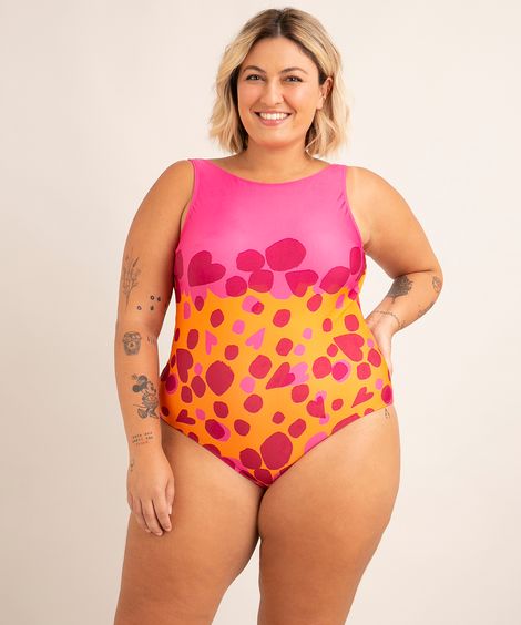 maiô sem manga plus size estampada confete com bojo proteção uv50+ além dos mares salvador preta gil laranja