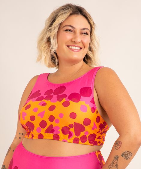 biquíni top halter neck com bojo removível plus size estampado confete proteção uv50+ além dos mares salvador preta gil  laranja