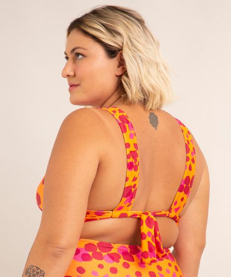 biquíni top halter neck com bojo removível plus size estampado confete proteção uv50+ além dos mares salvador preta gil  laranja