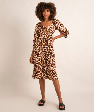 vestido midi de viscose estampado animal print onça cut out manga bufante além dos mares salvador preta gil marrom