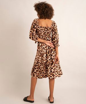 vestido midi de animal print onça cut out manga bufante além dos mares salvador preta gil marrom