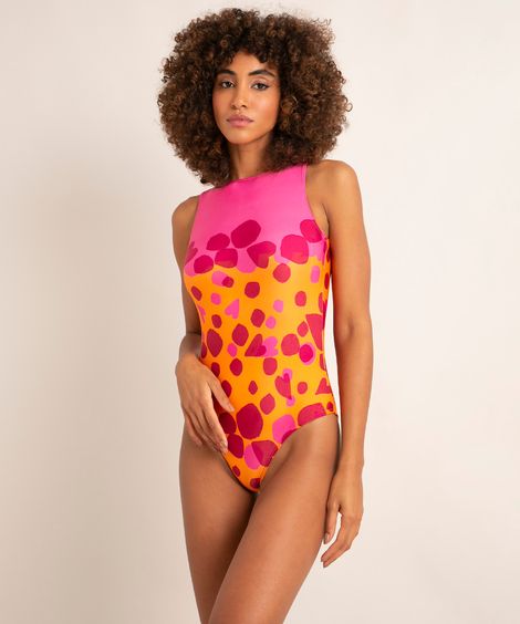maiô body halter neck estampado confete com bojo proteção uv50+  além dos mares salvador preta gil laranja