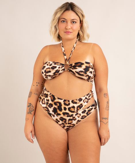 biquíni plus size calcinha hot pant estampado animal print cut out com pingente proteção uv50+ salvador preta gil marrom