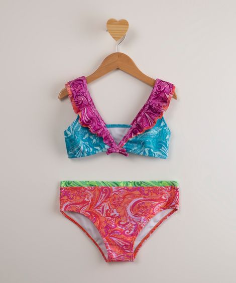 biquíni infantil com babados estampado paisley proteção uv50+ além dos mares noronha multicor