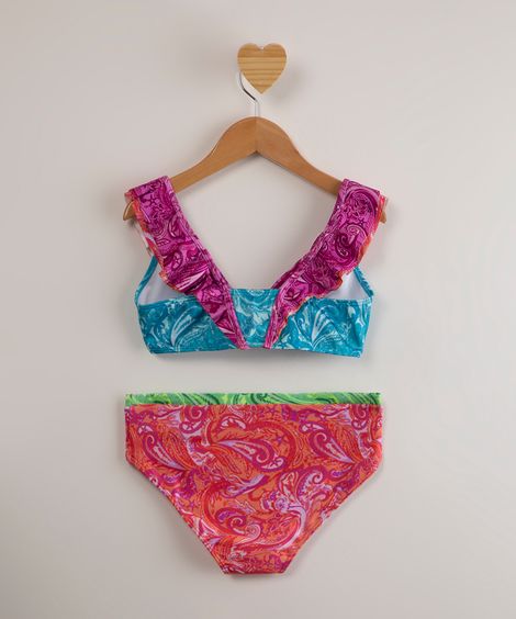 biquíni infantil com babados estampado paisley proteção uv50+ além dos mares noronha multicor