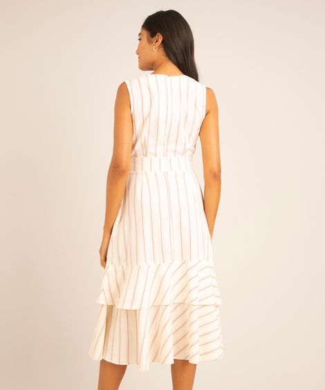 vestido midi estampado listrado babado com fenda sem manga  off white