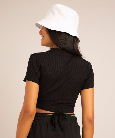 blusa cropped canelada cut out com amarração manga curta decote redondo  preto