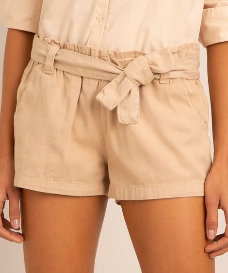 short clochard de sarja cintura super alta com faixa para amarrar kaki