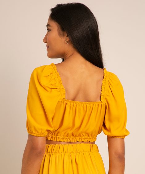 blusa cropped de viscose manga bufante decote reto amarelo