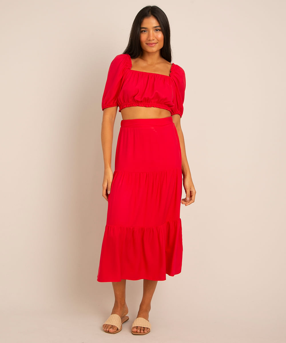 Saia midi de viscose em vermelho, da C&A