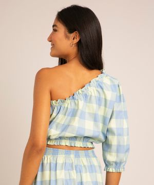 blusa cropped de algodão estampada xadrez vichy manga bufante um ombro só azul