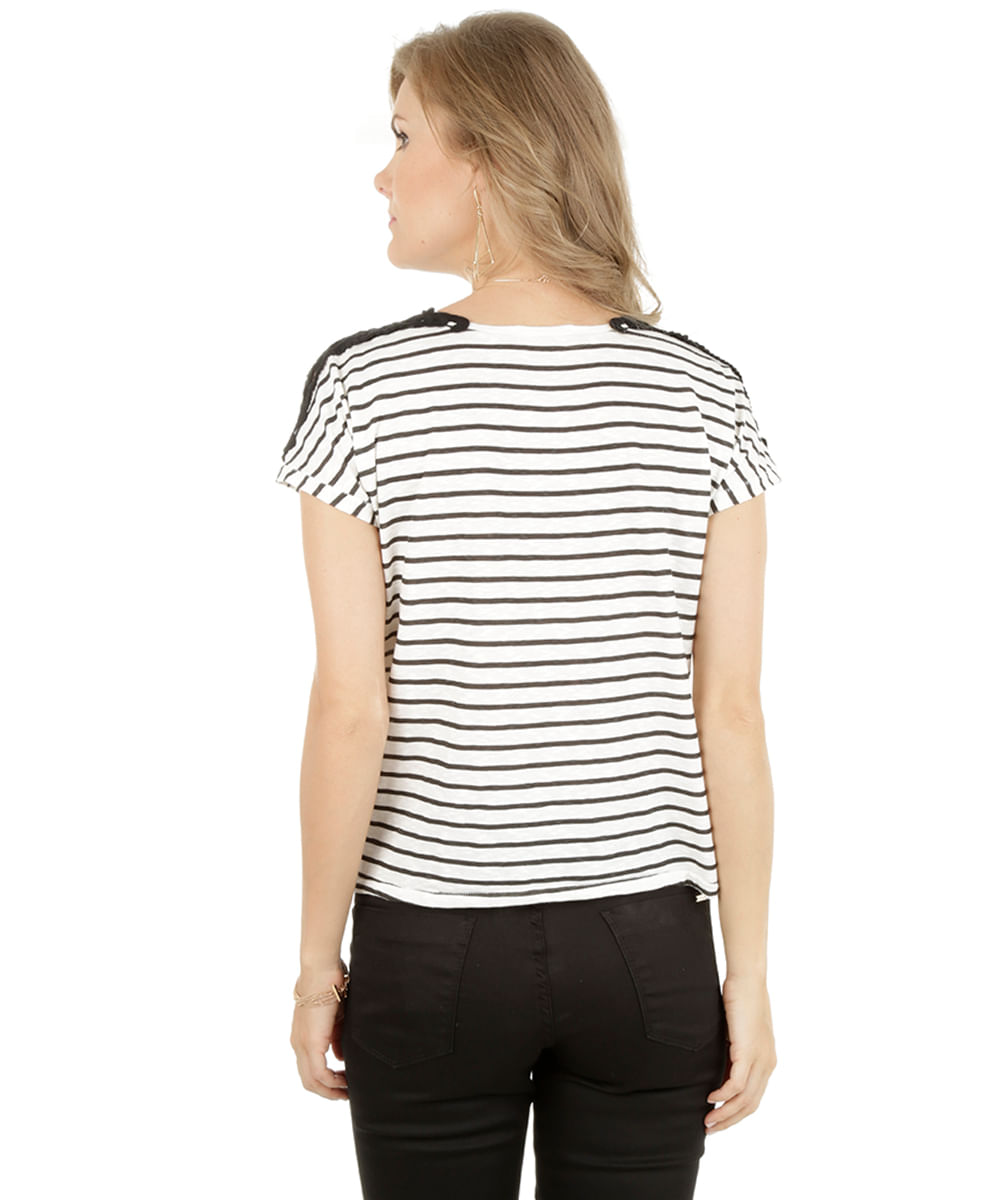 Blusa Listrada com Renda Off White