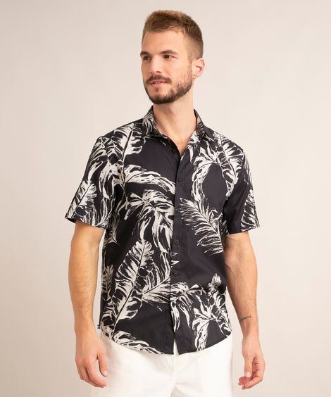 camisa de viscose manga curta estampa folhagens preto