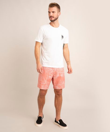 bermuda surf reta estampada folhagem rosa