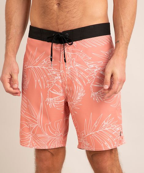 bermuda surf reta estampada folhagem rosa