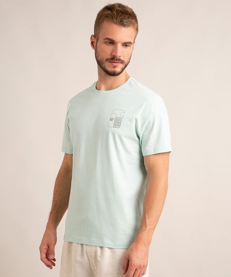 camiseta de manga curta gola careca estampa geométrica skate verde claro
