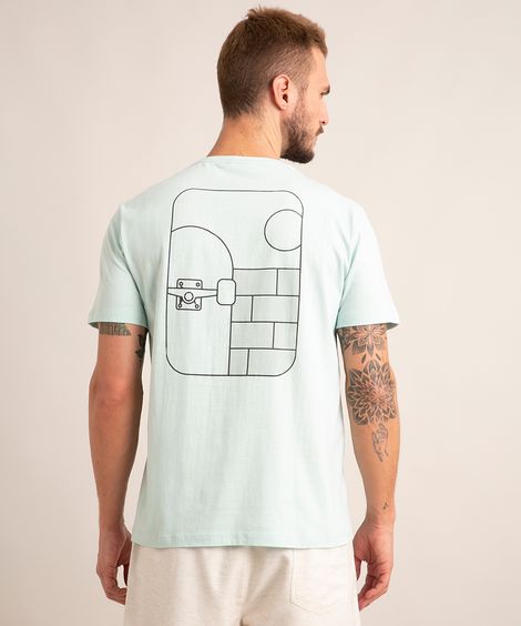 camiseta de manga curta gola careca estampa geométrica skate verde claro