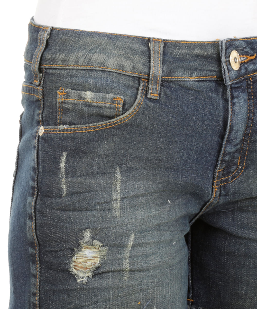 Short Jeans com Puídos Azul Escuro