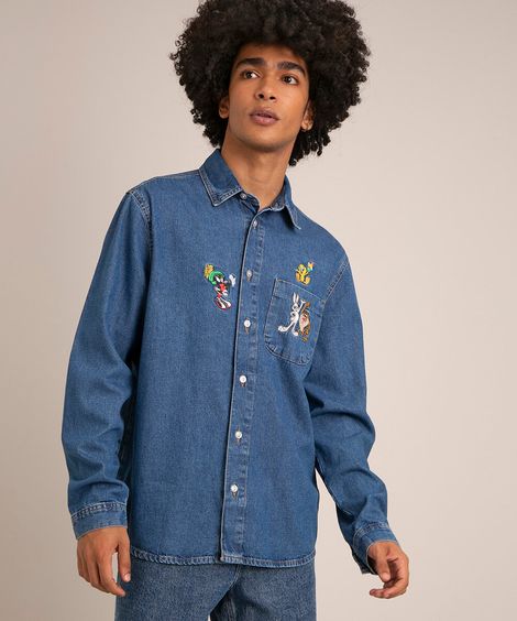camisa tradicional jeans com bordado looney tunes manga longa  azul médio