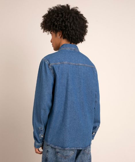camisa tradicional jeans com bordado looney tunes manga longa  azul médio