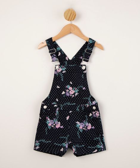 jardineira infantil de sarja estampado poá e floral com bolso azul marinho