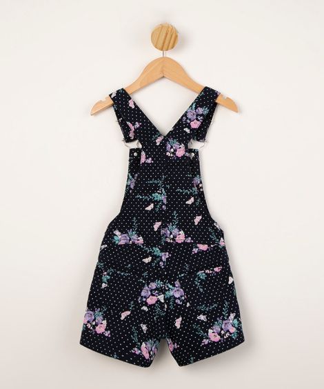 jardineira infantil de sarja estampado poá e floral com bolso azul marinho