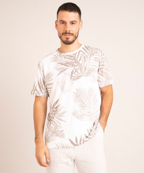 camiseta de algodão manga curta gola careca estampa folhagens off white