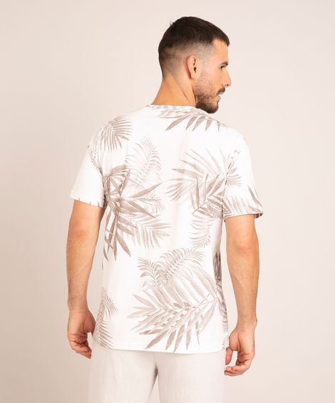 camiseta de algodão manga curta gola careca estampa folhagens off white