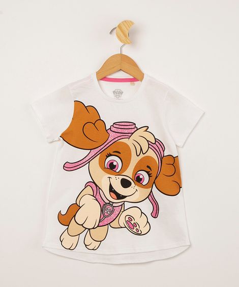 blusa infantil de algodão patrulha canina com glitter manga curta off white