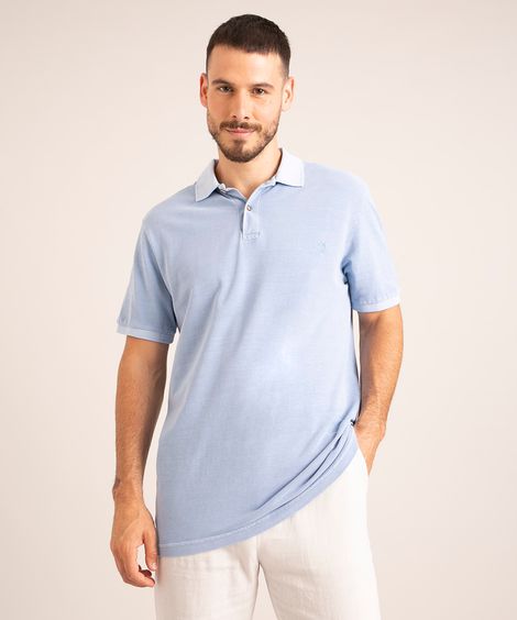 camisa polo de piquet manga curta com bordado de coqueiro azul claro