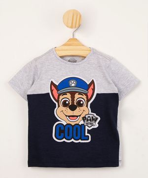 camiseta infantil patrulha canina com recorte manga curta cinza