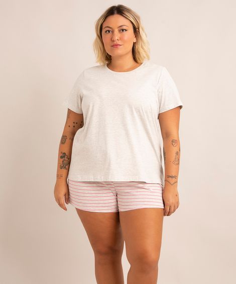 pijama manga curta plus size listrado cinza mescla