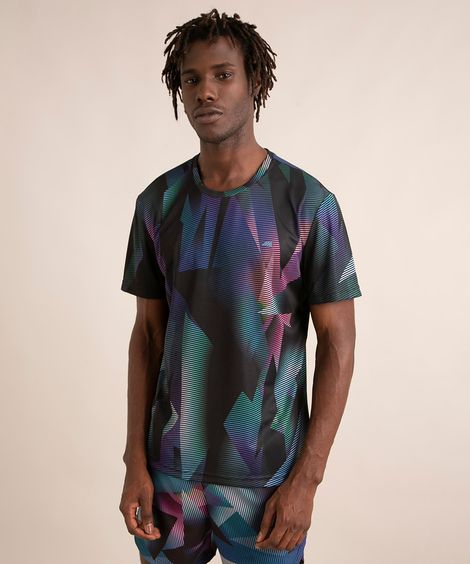 camiseta esportiva com estampa geométrica manga curta gola careca preta