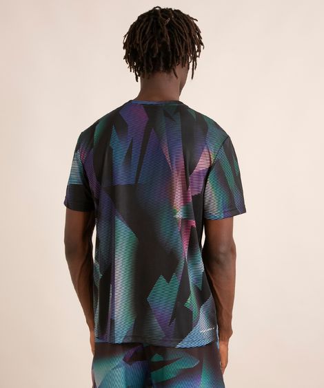 camiseta esportiva com estampa geométrica manga curta gola careca preta