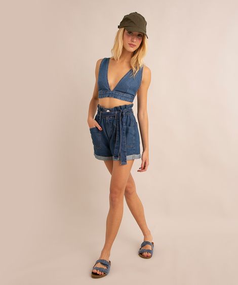 short clochard jeans com amarração cintura super alta azul escuro