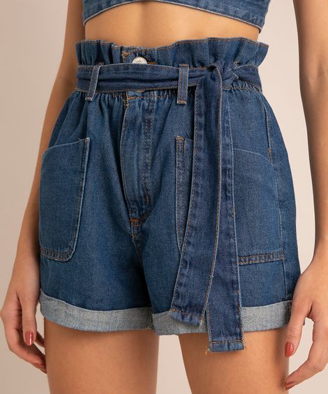 short clochard jeans com amarração cintura super alta azul escuro