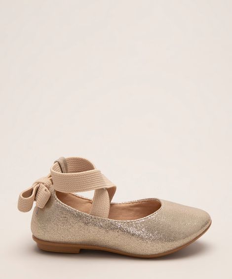 sapatilha infantil com glitter e laço  dourada