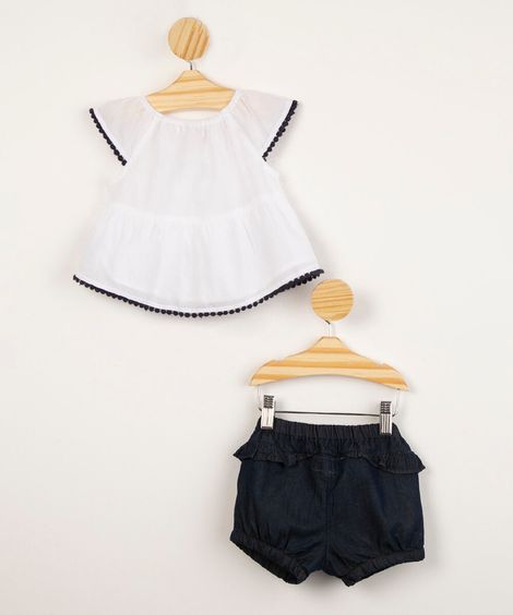 conjunto infantil de blusa bordada com babados manga curta + short jeans  branco