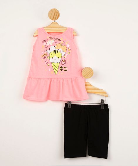 conjunto infantil regata gato sorvetinho com babado + calça bermuda rosa neon