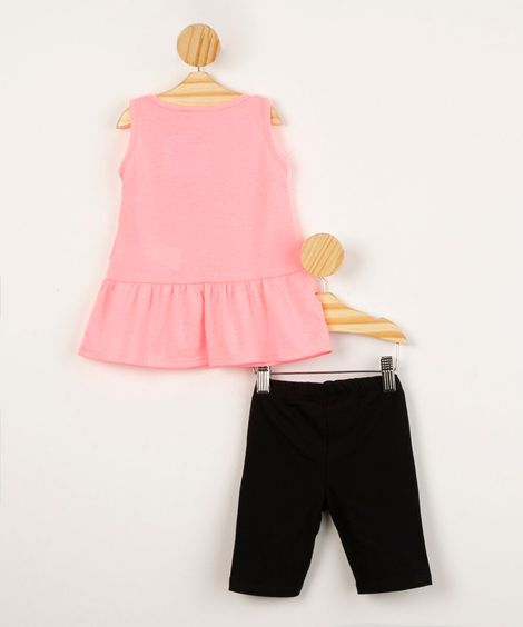 conjunto infantil regata gato sorvetinho com babado + calça bermuda rosa neon