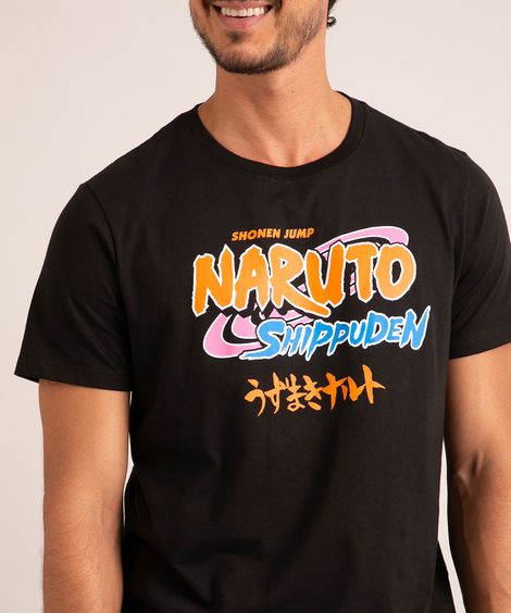 camiseta de algodão naruto shippuden manga curta gola careca preta