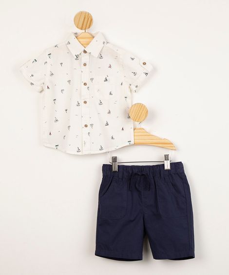conjunto infantil camisa de algodão estampada barcos com bolso manga curta + bermuda sarja  off white