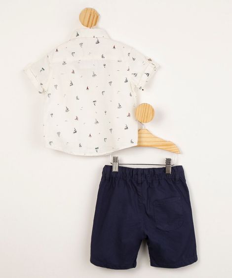 conjunto infantil camisa de algodão estampada barcos com bolso manga curta + bermuda sarja  off white