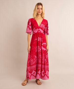 vestido longo de viscose manga curta ampla decote v estampa tropical vermelho