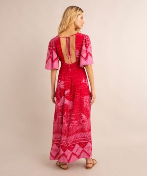 vestido longo de viscose manga curta ampla decote v estampa tropical vermelho